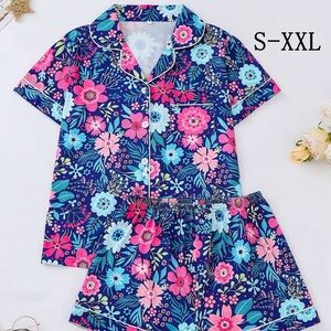 Floral Navy Short Pajama Set with Pink & Light Blue Blooms